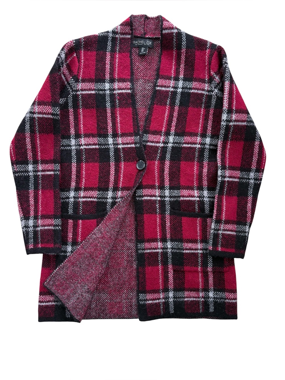Rachel Zoe Red Plaid Soft Cardigan Shacket Wool Blend Oversized Cozy Warm Small